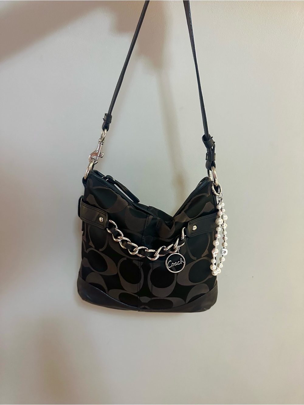 Coach Black Signature Canvas Shoulder Hobo with Chain and Charm